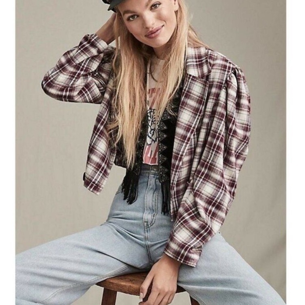Free People Alessandra Cropped Plaid Blazer Purple Maroon